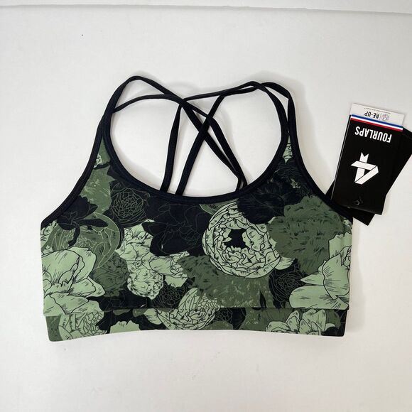 NWT FourLaps Vitality Sports Bra Peonies Print Thyme Green Yoga Athletic #395 - Picture 2 of 12
